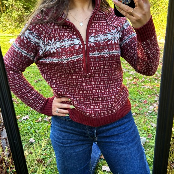 Woolrich Red Fairisle 100% Lambs Wool Quarter Zip Sweater Size Medium - Picture 1 of 6